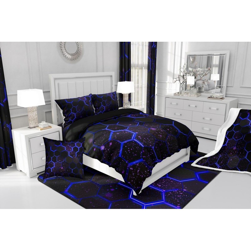 Black Navy Blue Honeycomb Duvet Cover Neon Hexagon Comforter Cover