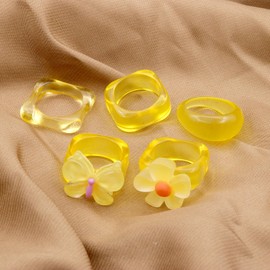 Rrdaily Cute Acrylic Resin Flower Finger Ring Set for Women Teen Girls,Funny Candy Color Wide Plante Ring Set Geometric Round Jewelry Gift (Yellow)