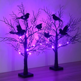 Realspring 2 Pcs Glowing Tree with Crows Lighted Mini Birch Tree 24 LED Black Crows Table Decoration for Tabletop Centerpiece Xmas Indoor Home Decor, Operated by Battery