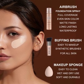 AirBrush Foundation Spray, Liquid Foundation Makeup Set, Full-Coverage Foundation Mist for Color Correcting,Concealer, Flawless Look, Matte Finish,Include Brush and Sponge,2.28oz (#4 Warm Beige)