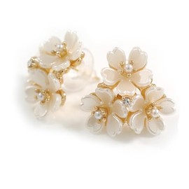 Light Cream Acrylic Crystal Daisy Floral Stud Earrings in Gold Tone - 20mm Tall