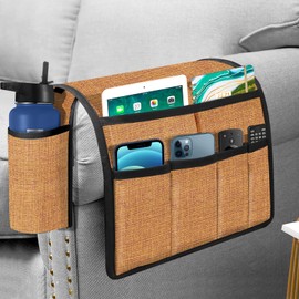 Joywell Thick Linen Armchair Caddy with Bottle Holder,Remote Contral Holder for Couch Recliner Armrest Organizer Sofa Arm Chair Caddie with 7 Pocket for Magazine, Tablet, Phone, Orange Ochre