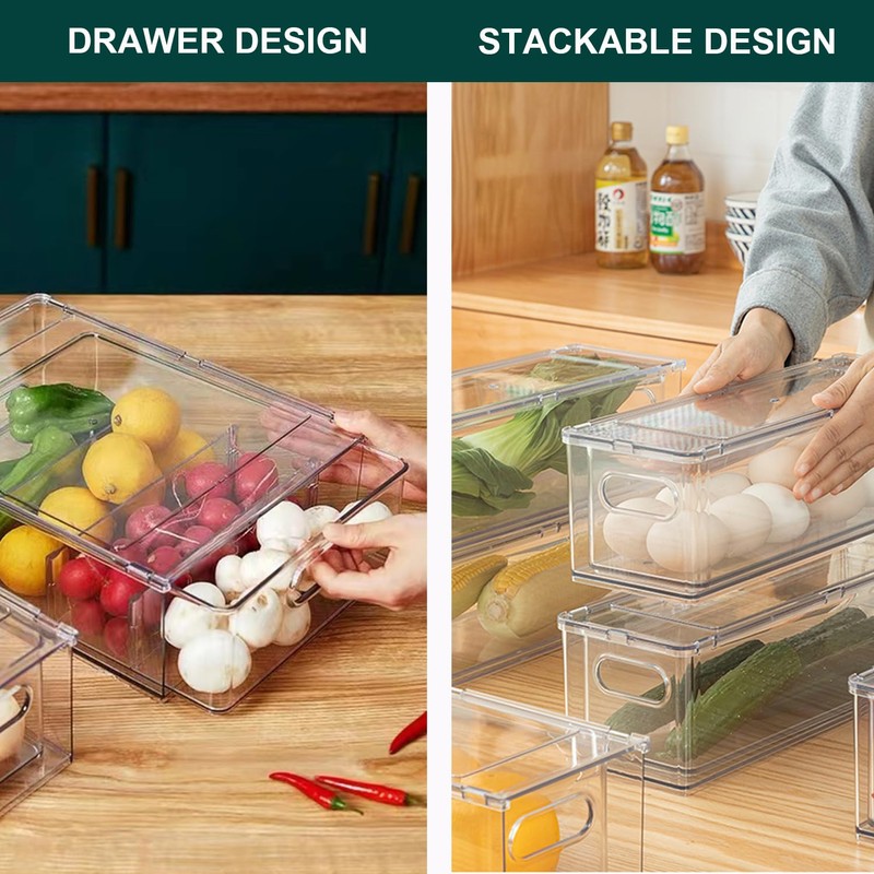 LALASTAR Fridge Drawers, 3-Pack Clear Stackable Pull Out Refrigerator Organizer