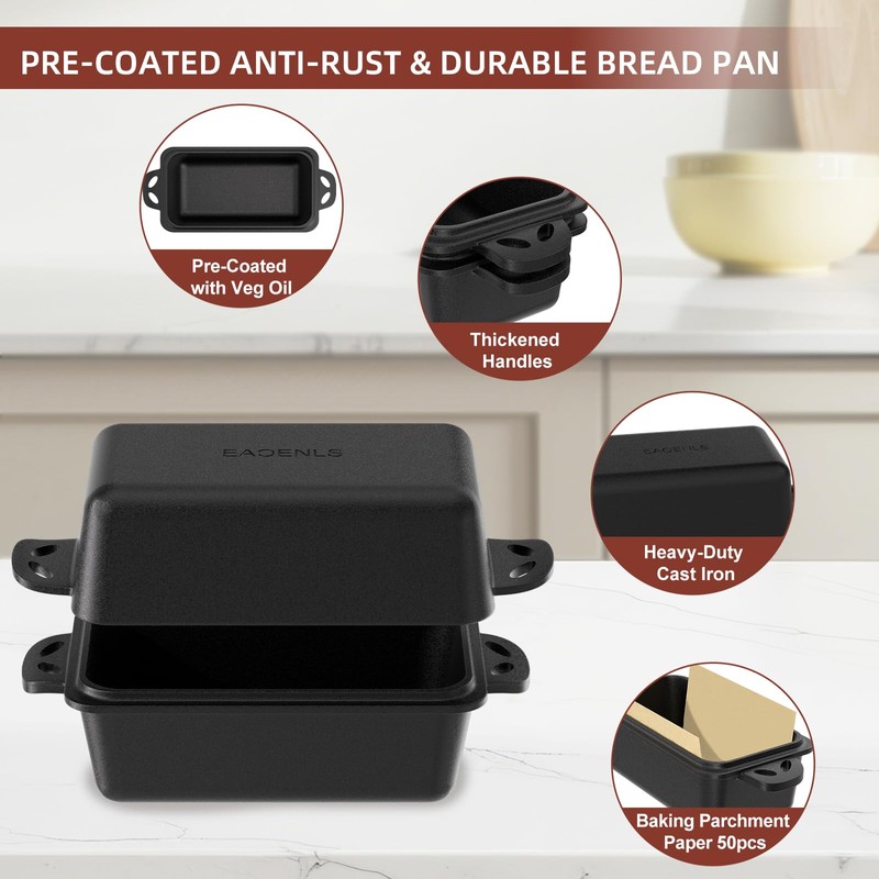 EAOENLS 9×5 Inch Cast Iron Loaf Pan with Lid, 2-in-1
