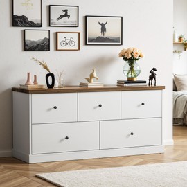 JUMMICO Dresser for Bedroom, Wide Chest of Drawers with 5 Wood Dresser Drawers, TV Stand, Modern Design for Bedroom, Living Room, Hallway, and Entryway (Light White)