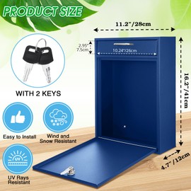 Yaocom Locking Mailbox with Key for Outdoor 16.2 x 11.2 x 4.7 Inches Large Wall Mount Mail Box with Lock Security Mail Drop Metal Collection Boxes Hanging Secure Postbox(Dark Blue)