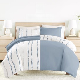 Merit Linens Bedding Bundle, Patterned Duvet Cover Set, White Comforter and Solid Sheet Set - Queen Navy