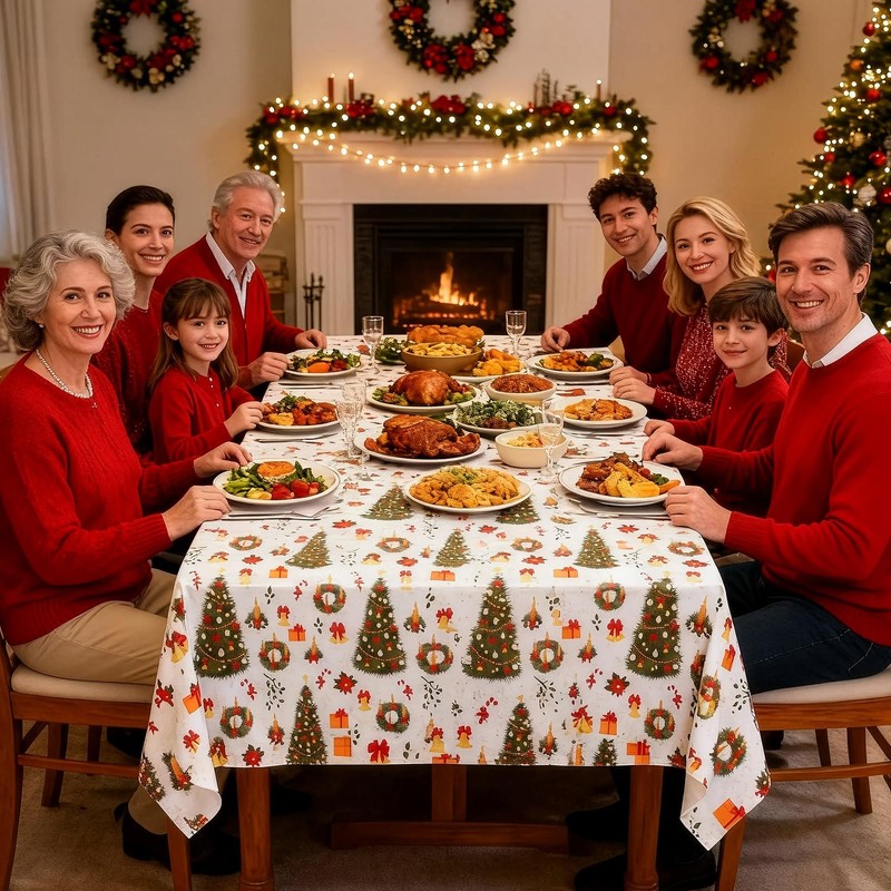 Christmas Tablecloth 60x84 Inch - Festive Xmas Tree & Red