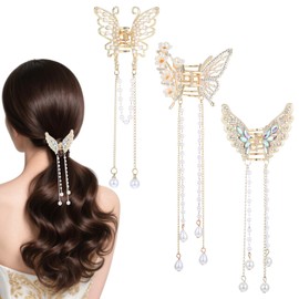 Pack of 3 Butterfly Hair Clips, Elegant Metal Hair Clips with Rhinestones, Small Hair Accessories with Pearl Tassels for Women and Girls, Communion, Prom, Birthday Party (Style 3)