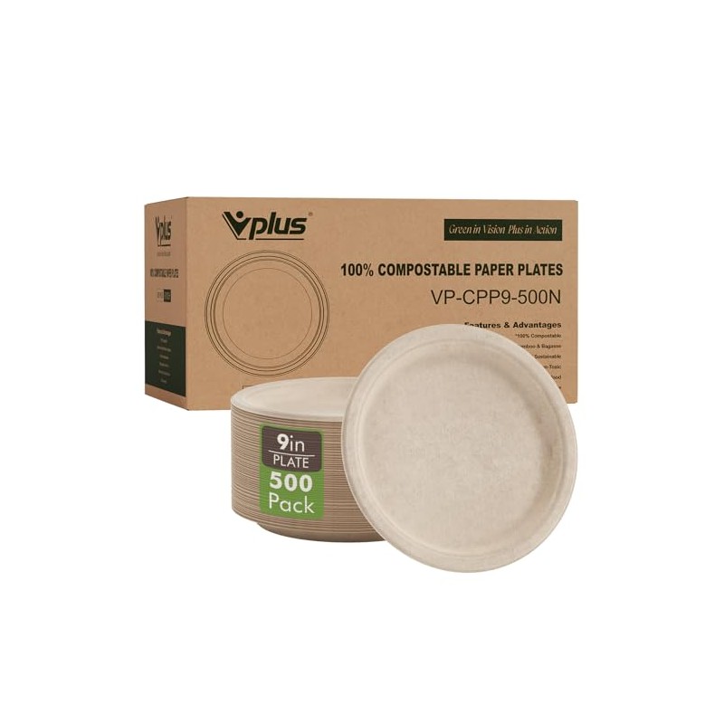 Vplus 500 Pack Paper Plates 9 inch 100% Compostable, Heavy-Duty