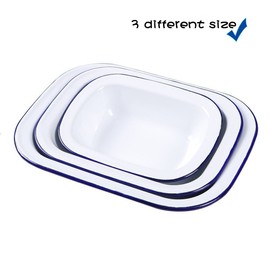 Webake Enamelware Roasting Pan 3 Pack Enameled Steel Oblong Pie Pan Pie Dish Roaster Pan Food Containers, Solid White with Blue Rim