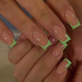 SINHOT Square Press on Nails Medium Fake Nails Glosy Glue on Nails Green French Tip Acrylic Nail Squoval Artificial Nail Stick on False Nail with Design 24 pcs