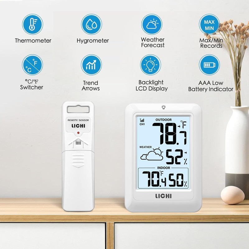 Indoor Outdoor Thermometer Wireless Weather Station, Internal External Thermometer Hygrometer,