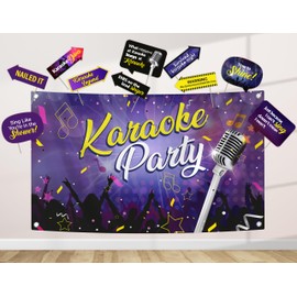 Karaoke Party Decoration Kit - Includes Photography Backdrop & 10 Studio Selfie Photo Booth Props with Sticks - Music Disco Theme Studio Background Banner Birthday Supplies