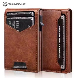 THUMBS-UP Brown Anti Theft Leather Bifold 9 Cards RFID Blocking ID Window Card Holder Pop up Magnetic Aluminum Men Bifold Walletcolor: Carbon Fiber