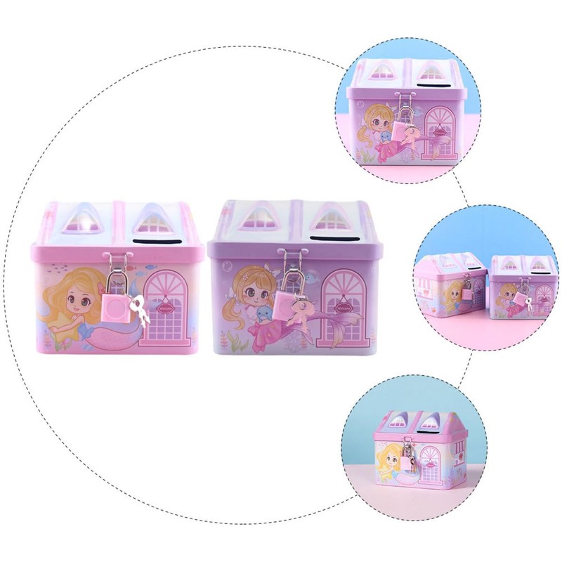 Mobestech 2pcs Adorable Mermaid Pattern Tinplate Coin Bank House Shaped
