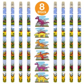 PartyPack Dinosaur Children's Pencils and Eraser Set - 16 Pieces - 8 Wooden Pencils and 8 Erasers for Boys and Girls