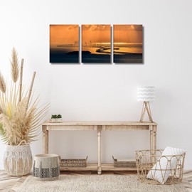 Jreiiolk 3 Piece Office Canvas Wall Decor - Coastal Bathroom Decor, Modern Print Landscape Painting, Large Bridge Sunset Seascape Wall Art for Living Room, Bedroom Home Decorations (16 x 24 inches)