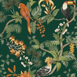 Tempaper Green Birds of Paradise Removable Peel and Stick Coastal Wallpaper, 20.5 in X 16.5 ft, Made in The USA