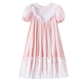 Girls Dress, Girls Gowns, Lace Heirloom Dress, Puff Sleeve, Cute Long Style for Kids Pink
