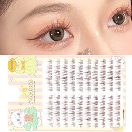 Coffee color individual false eyelashes cluster, long natural false eyelashes, soft transparent stem false eyelashes, invisible bands, handmade eye makeup tools