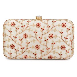 LONGING TO BUY Hand Crafted Designer Box Clutch For Women, Zari Embroidery Clutch For Women/Hand Clutch For Women, Red & Golden-1, Wedding Clutch