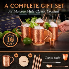 Yooreka Gift Set Moscow Mule Mugs Set Of 4 16 oz Solid Cooper, 100% Pure Copper Cups Cylindrical Shape HANDCRAFTED, BONUS 4 Straws, 4 Wood Coasters, Stirring Spoon, And Shot Glass (Square)
