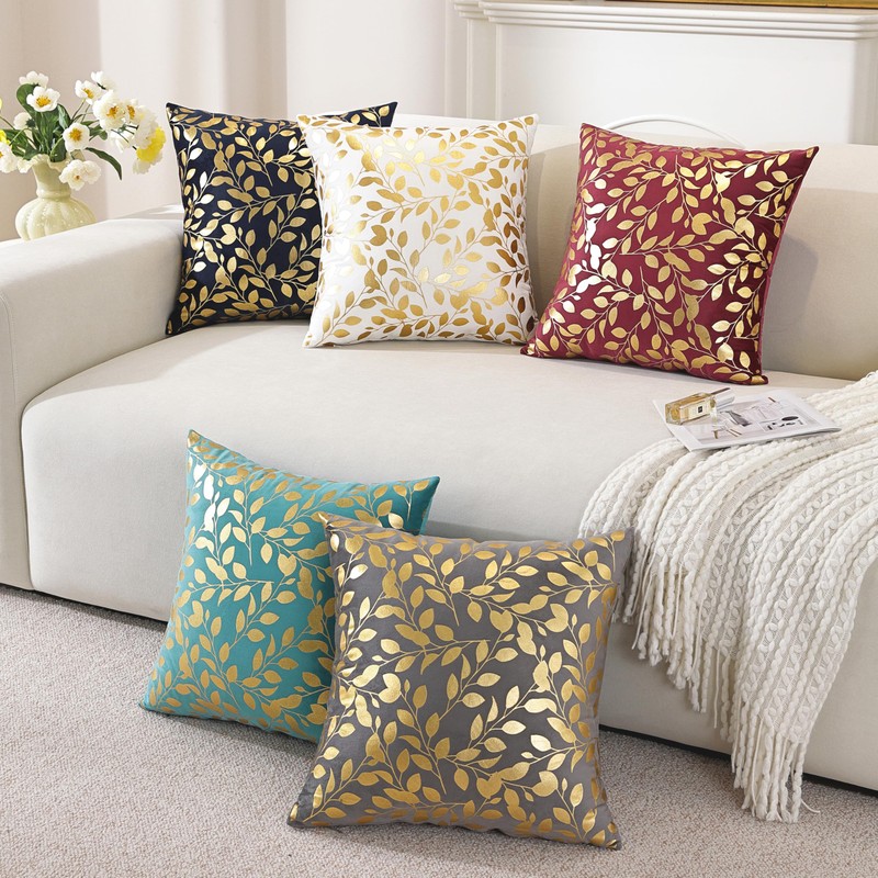 TAOSON 2Pcs Wine Red Velvet Throw Pillow Covers,Gold Bronzing Leaves,18x18