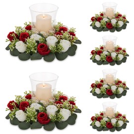 NUPTIO Hurricane Glass Candle Holders: 6 Pcs Cylinder Floating Candles Vases with 13.4 inch Large Fake Flower Wreath Crimson & White Silk Roses Floral Centerpiece in Bulk for All Seasons Party Decor