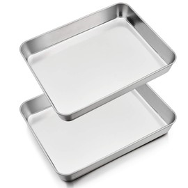 P&P CHEF 10.4 Inch Lasagna Pan, Stainless Steel Sheet Baking Pan, Rectangular Brownie Pan for Baking Lasagna/Meats, Cookie Tray Fits in Toaster Oven, Easy Clean & Heavy Duty (2Pc)