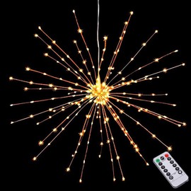 Hanging Decorative Lights,200 Led Firework Lights Battery Powered, Tent Chandelier Remote Control, Waterproof Starburst Lights for Gardens Courtyards Porches Christmas Party Decorations, Warm White
