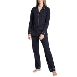 CALIDA Night Lovers Women's 100% Supima Cotton Buttoned Pyjamas with Fabric Covered Elastic Waistband, Dark Lapis Blue