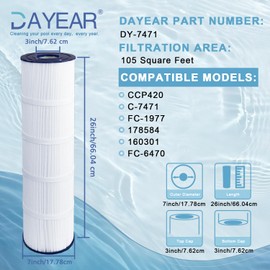 DAYEAR CCP420 Pool Filter Cartridges Replaces PCC105, PCC105-PAK4, CCP420, R173576, C-7471, FC-1977, 178584, 817-0106, FC-6470, 105 sq.ft Pool Filter, 4 Pack