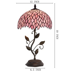 LXHCYOU Tiffany Table Lamp, Stained Glass Desk Light, W12H19 Inch, Metal Leaf Base (Pink Wisteria)