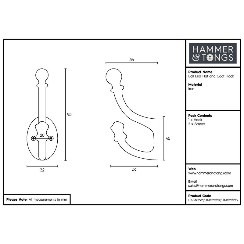 Hammer and Tongs - Ball End Hat & Coat Hook