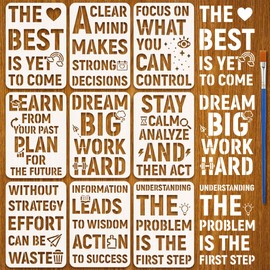 FINGERINSPIRE 9Styles Inspirational Quotes Stencils with a Brush 29.7x21cm Text Painting Stencils PET Small Illustrations Patterns Stencil Words Themes Template for Wood Wall Fabric Furniture