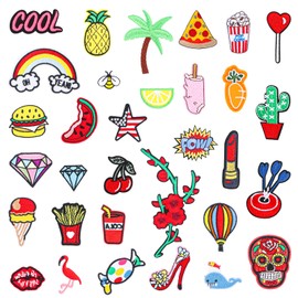 32 pieces hippie iron on vintage patches, embroidered patches, bright colours, cute cartoon pattern, iron-on patches, clothing for backpack, jacket, jeans, shirt and DIY crafts