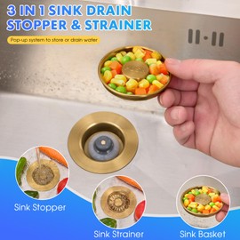 PetrelWing 3 in 1 Kitchen Sink Drain Strainer and Stopper,Pop Up Kitchen Sink Stopper and Drain Cover with Anti-Clogging Basket Strainer,Suitable for Standard 3-1/2 Inch Hole,Satin Gold