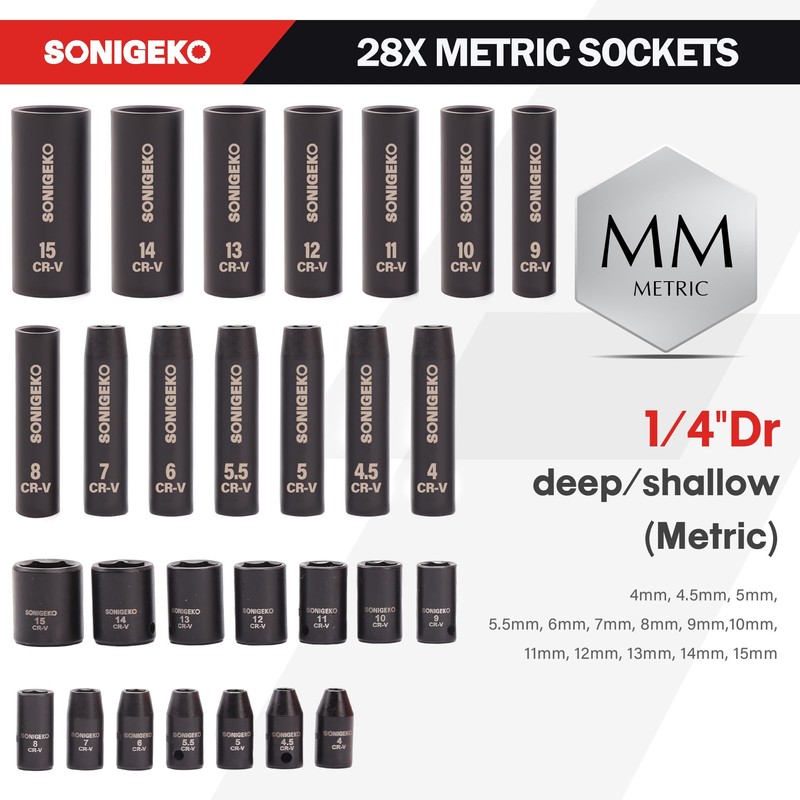 SONIGEKOSocket Set 1/4" Drive Impact Socket Set,55-Piece 6 Point Deep,Standard