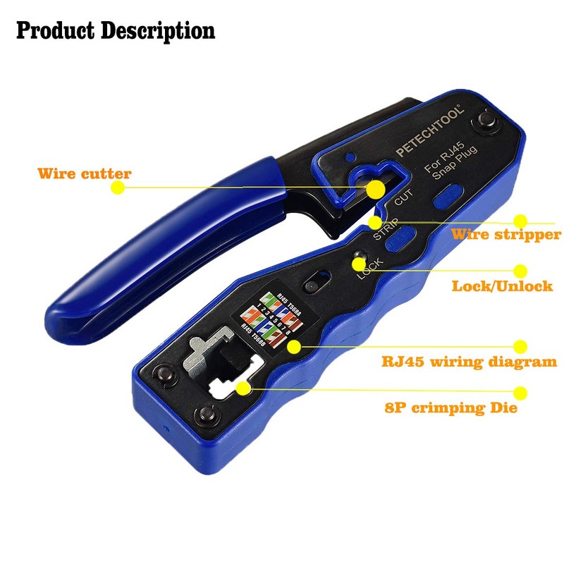 RJ45 Crimp Tool for Cat5e Cat6 Cat6a Pass Thrugh Connectors