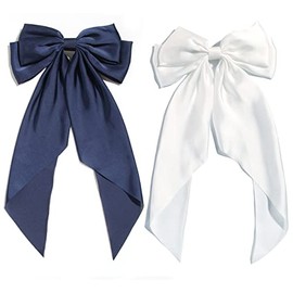 Pack of 2 Big Bow Hair Barrette Clips Soft Satin Silky Bowknot with long Tail French Barrette Hair Clip Hair Scrunchie Cute Gifts for Women Girls Navy White