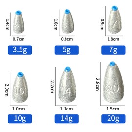 XSHAO Pack of 50 Carolina Rig, Bullet Sinker 3.5g/5g/7g/10g/14g/20g with Storage Box for Sea Fishing, Deep Sea and Freshwater Fish