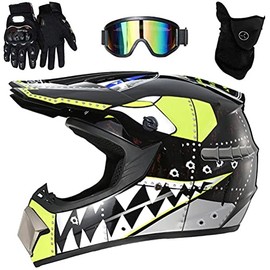 Children's Motorcycle Helmet, Motocross Helmet, Cross Helmet Set, Full Face Helmet, Children with Goggles, Gloves and Mask for Off-Road Dirt Bike, Motorcycle, Mountain Bike