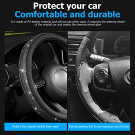 CGEAMDY Diamond Car Steering Wheel Cover, Crystal Steering Wheel Cover, Non-Slip Breathable Steering Wheel Cover, Steering Wheel Protector, Without Inner Ring, Car Accessories (Black)