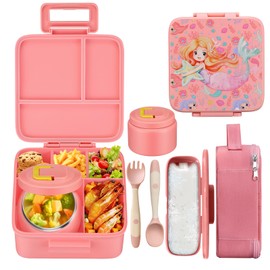 MAISON HUIS Kids Bento Lunch Box Set With 8oz Soup Thermo, Leakproof Lunch Containers with 5 Compartment, Thermo Hot Food Jar and Insulated Lunch Bag, BPA Free,Travel, School -Pink (Mermaid)