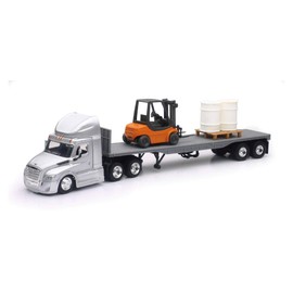 Shop72 Die Cast 1:43 Scale Freightliner Cascadia Flatbed Truck W/Forklift & Barrels