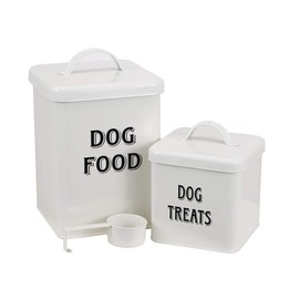 Pethiy Dog Food and Treats Containers Set with Scoop for Dogs-Vintage White Powder-Coated Carbon Steel - Tight Fitting Lids - Storage Canister Tins Small-White