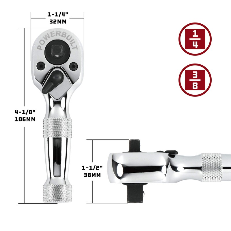 Powerbuilt Stubby Ratchet, Dual Head Ratchet, 1/4 Inch and 3/8