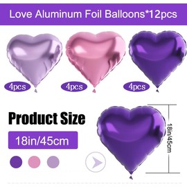 Pink Purple Heart Balloons 12Pcs, Pink and Dark Purple Foil Balloons 18 Inch Heart Helium Balloons Love Balloons for Valentine's Day, Wedding, Engagement, Mother's Day, Birthday Party Decorations