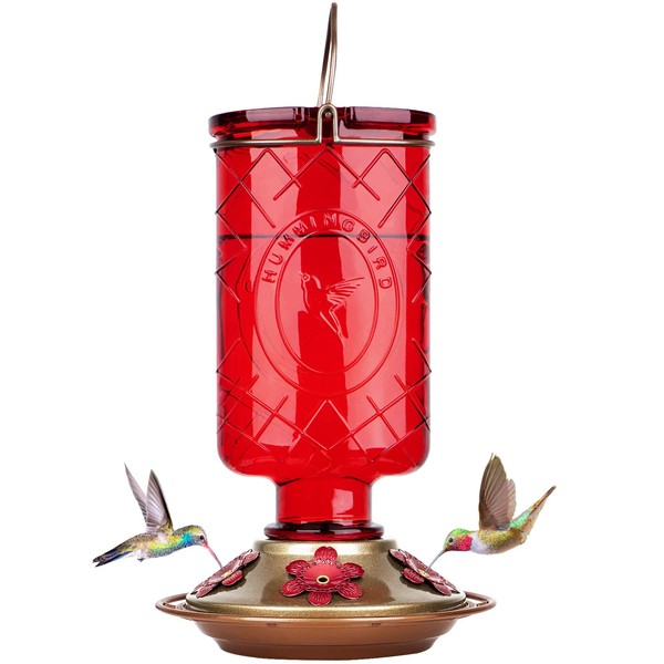 BOLITE Hummingbird Feeder, 18005 Glass Hummingbird Feeders for Outdoors Hanging, 5 Feeding Stations, 22 Ounces, Red Bottle